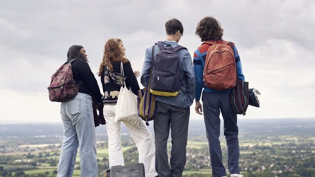 Group of friends looking out at a beautiful scene in the countryside - small